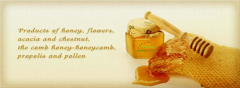 Products of honey, flowers, acacia and chestnut, the comb honey-honeycomb, propolis and pollen